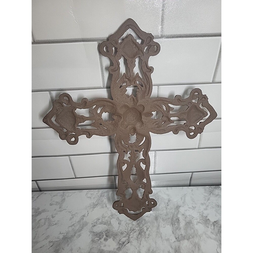 Cast Iron Cross Wall Decor Weathered Rustic 15x12" Ornate Easter Crucifix - Picture 3 of 5